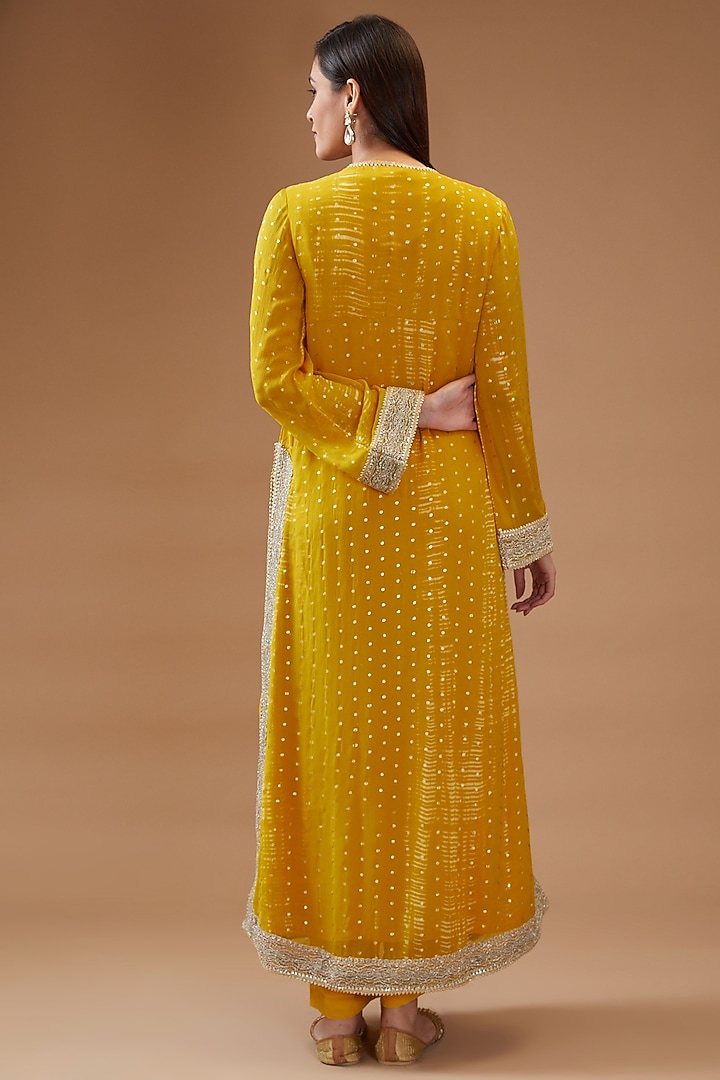 Yellow Chiffon Printed & Embroidered Kurta Set by Kisneel by Pam at Pernia's Pop Up Shop