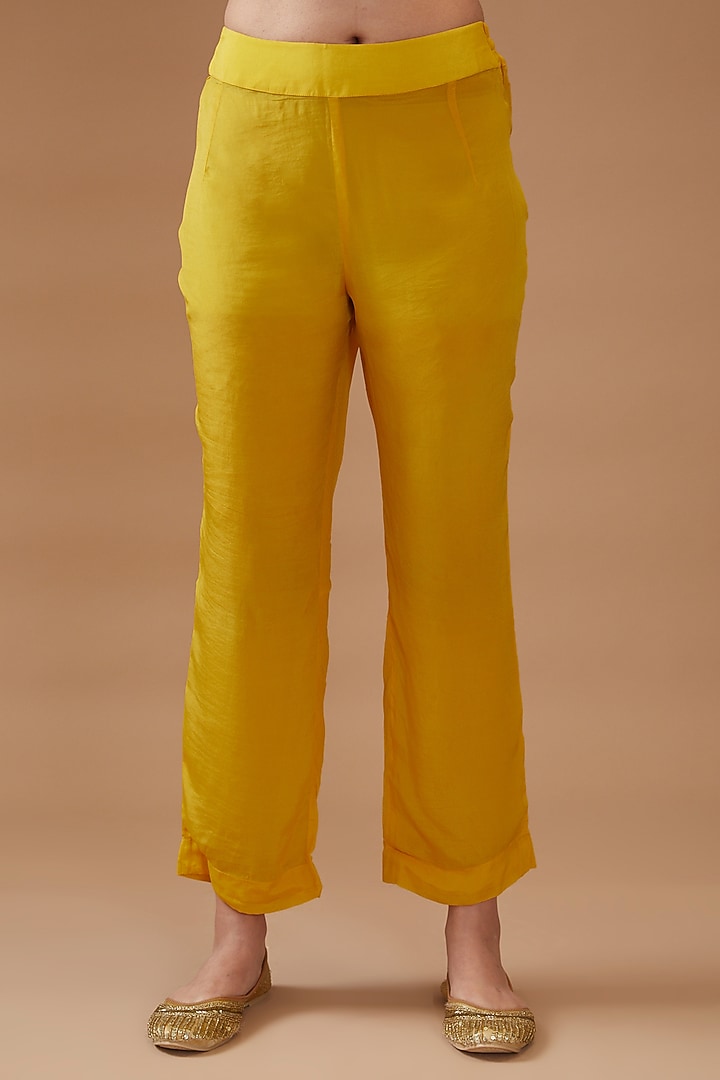 Yellow Chiffon Printed & Embroidered Kurta Set by Kisneel by Pam at Pernia's Pop Up Shop