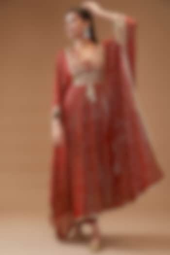Red Chinon Embroidered Kaftan Set by Kisneel by Pam