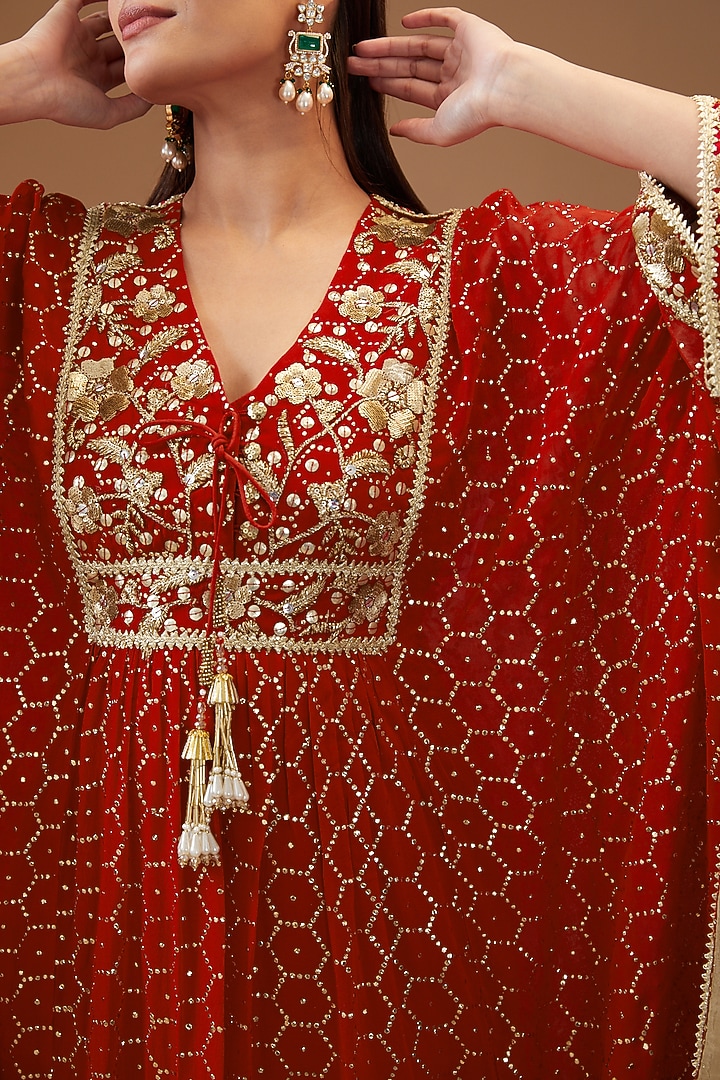 Red Chinon Embroidered Kaftan Set by Kisneel by Pam at Pernia's Pop Up Shop