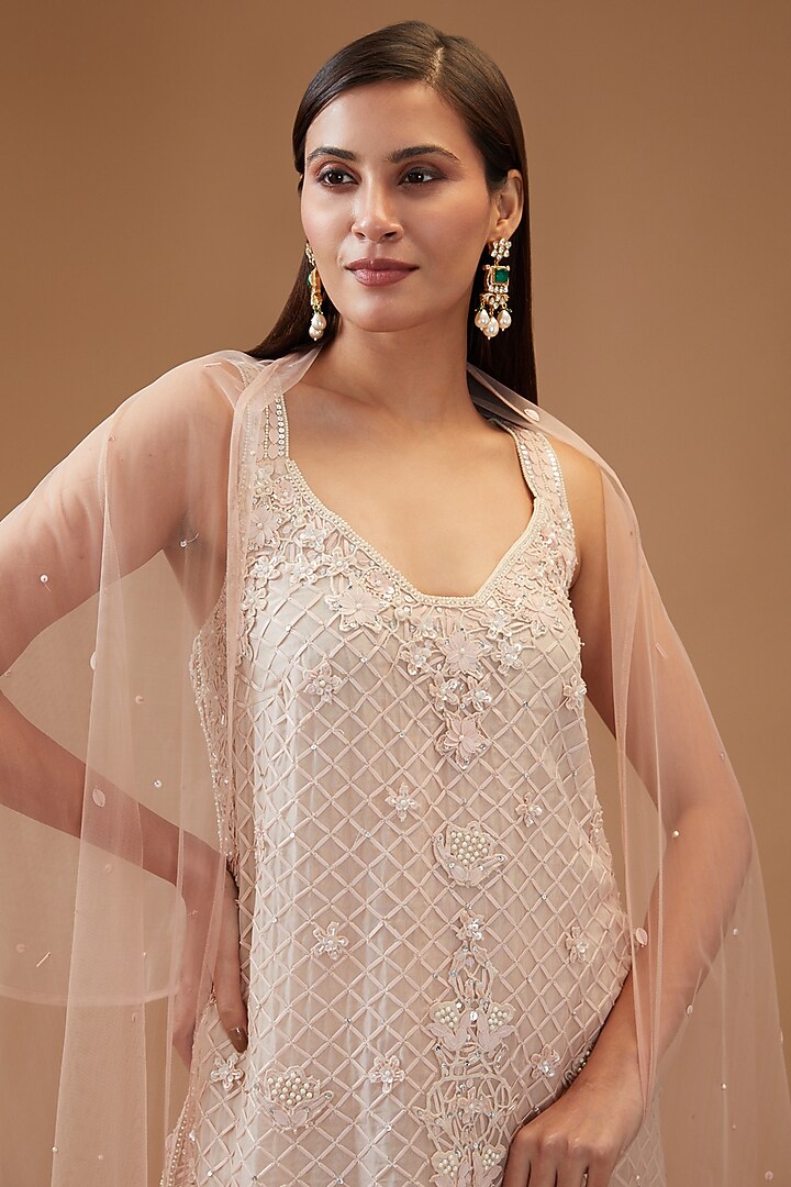 Pink Organza Embroidered Kurta Set by Kisneel by Pam at Pernia's Pop Up Shop