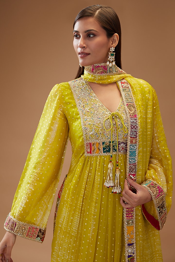 Green Organza Embroidered & Printed Kurta Set by Kisneel by Pam at Pernia's Pop Up Shop