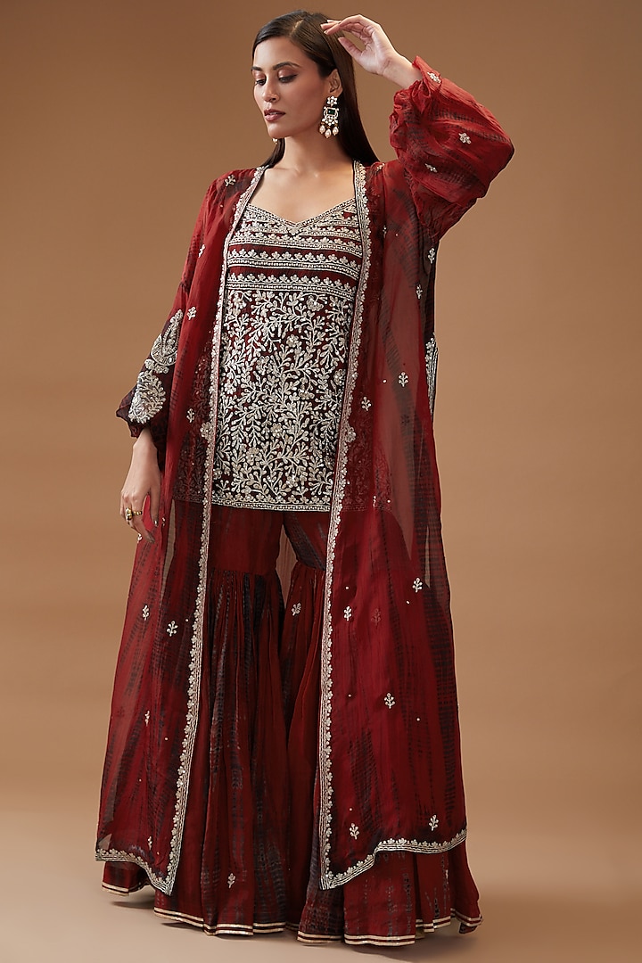 Red Organza Tie-Dyed Jacket Set by Kisneel by Pam at Pernia's Pop Up Shop