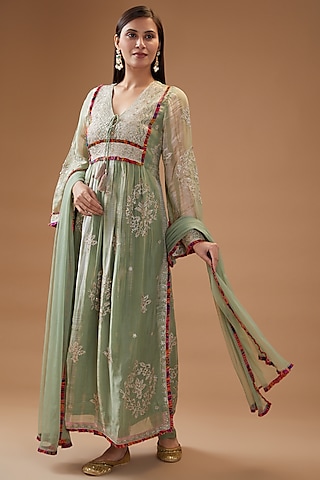 Green Organza Embroidered & Printed Kurta Set by Kisneel by Pam