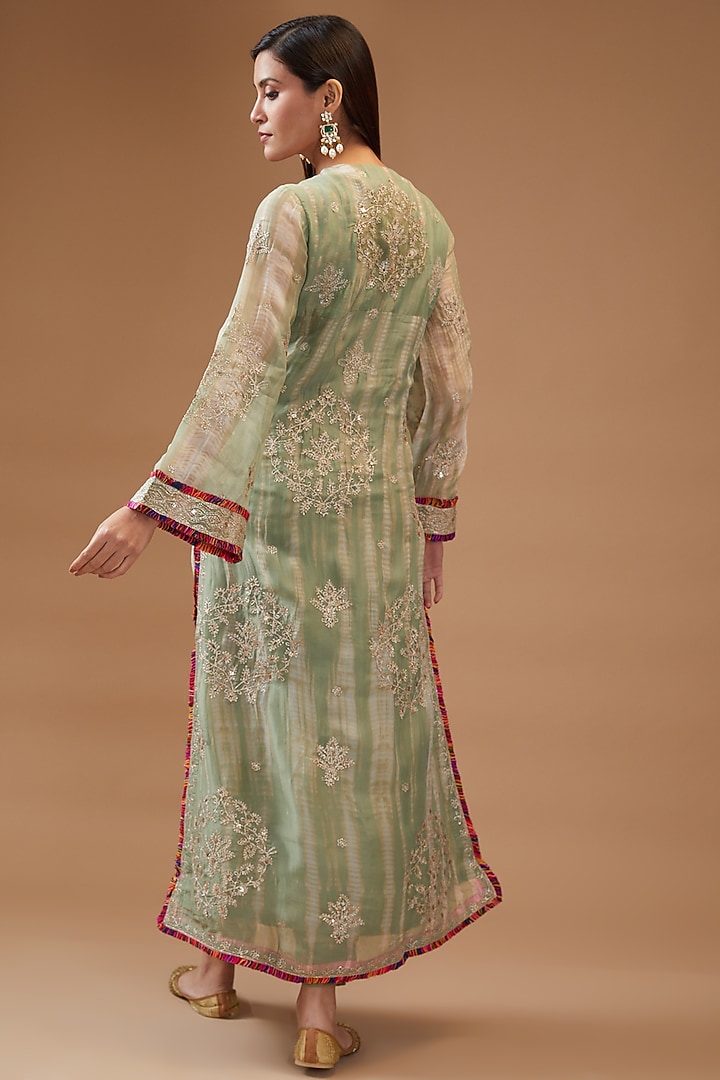 Green Organza Embroidered & Printed Kurta Set by Kisneel by Pam at Pernia's Pop Up Shop