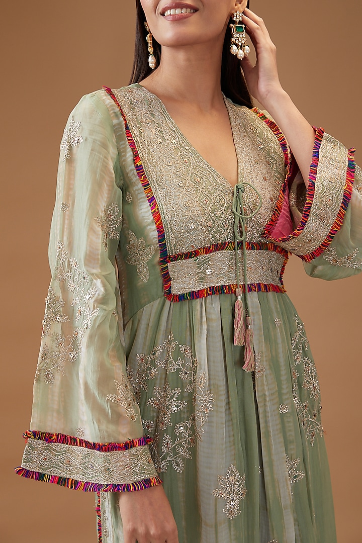 Green Organza Embroidered & Printed Kurta Set by Kisneel by Pam at Pernia's Pop Up Shop