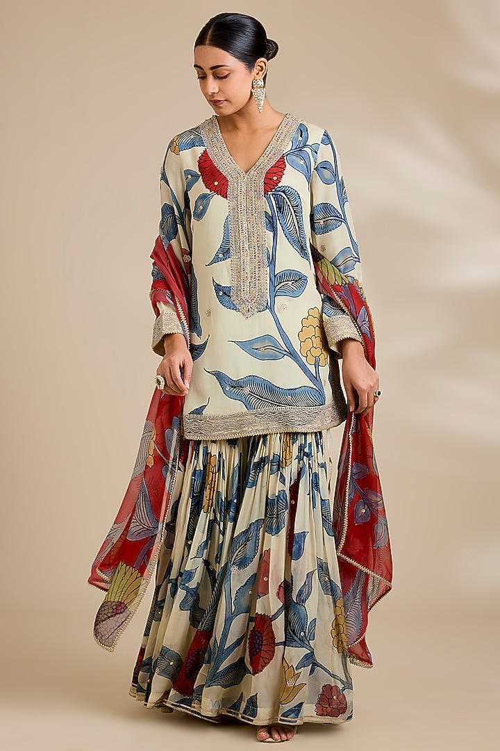 Ivory Organza Kalamkari Printed Gharara Set by Kisneel by Pam at Pernia's Pop Up Shop