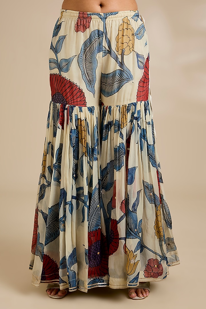Ivory Organza Kalamkari Printed Gharara Set by Kisneel by Pam at Pernia's Pop Up Shop