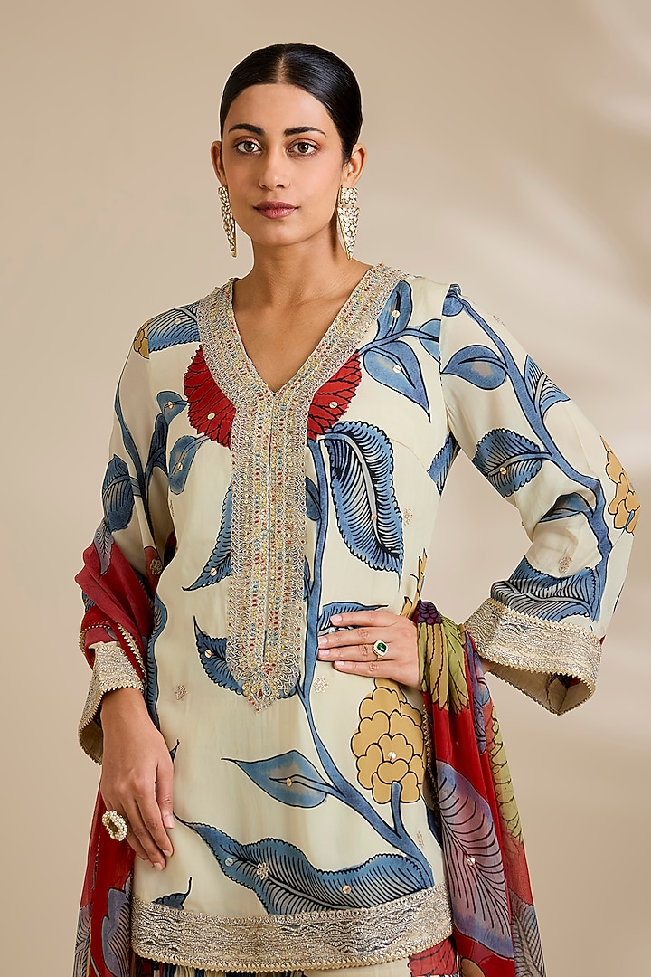 Ivory Organza Kalamkari Printed Gharara Set by Kisneel by Pam at Pernia's Pop Up Shop