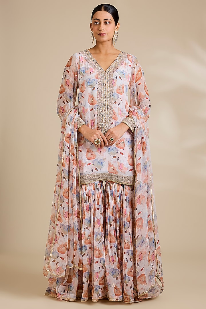 Ivory Floral Printed Organza Wedding Sharara Set by Kisneel by Pam at Pernia's Pop Up Shop