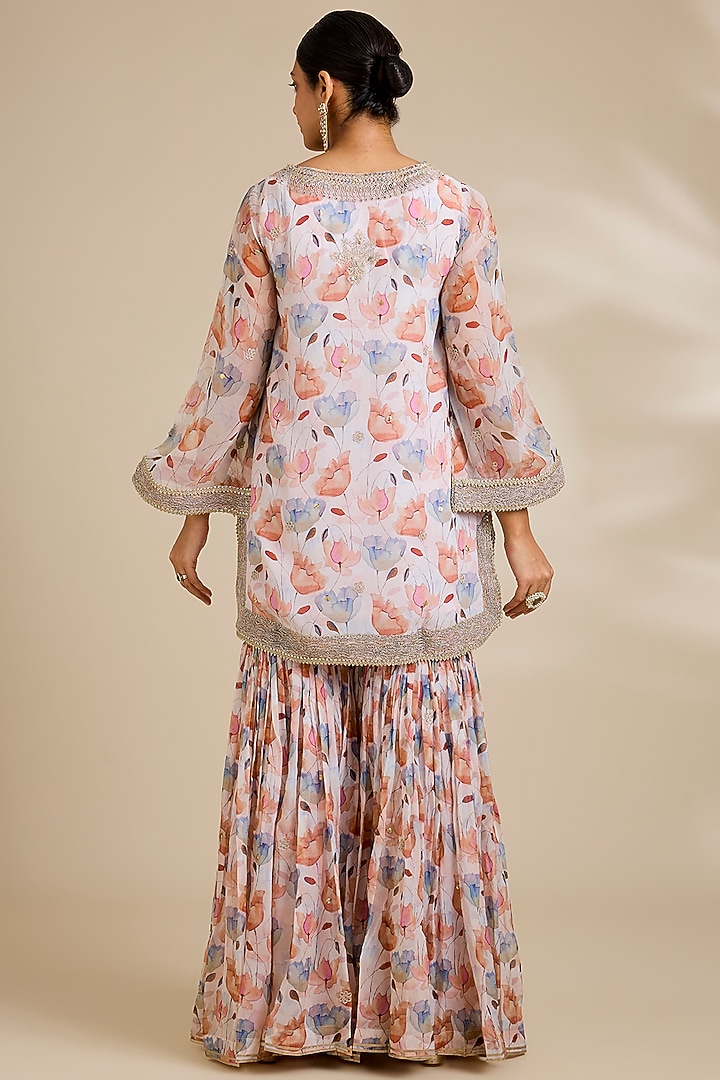 Ivory Floral Printed Organza Wedding Sharara Set by Kisneel by Pam at Pernia's Pop Up Shop