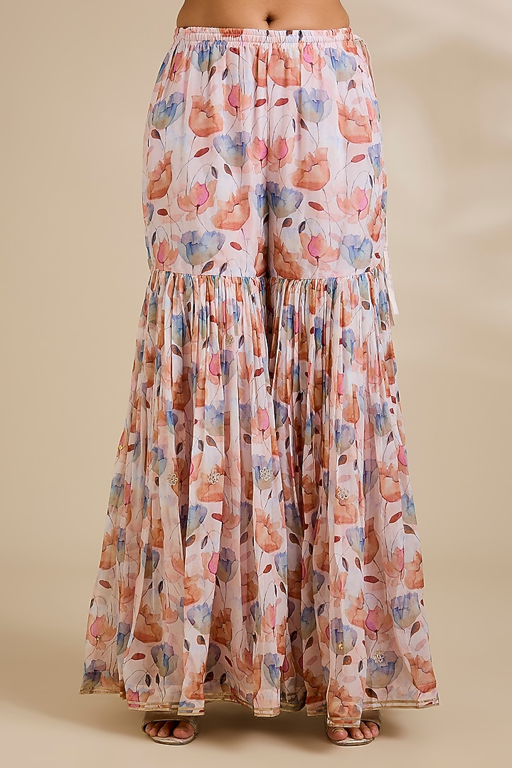 Ivory Floral Printed Organza Wedding Sharara Set by Kisneel by Pam at Pernia's Pop Up Shop