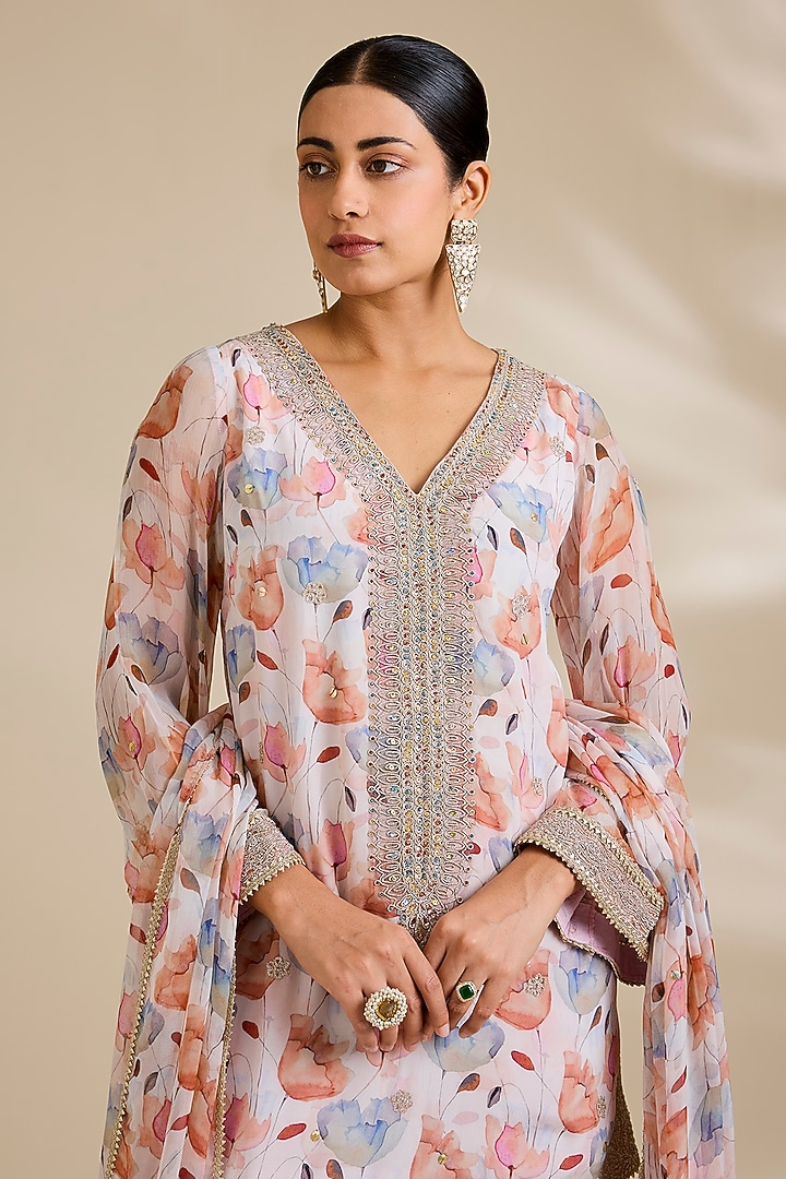 Ivory Floral Printed Organza Wedding Sharara Set by Kisneel by Pam at Pernia's Pop Up Shop