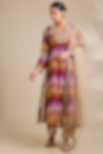 Multi-Colored Organza Ikat Printed & Dori Embroidered Kurta Set by Kisneel by Pam at Pernia's Pop Up Shop