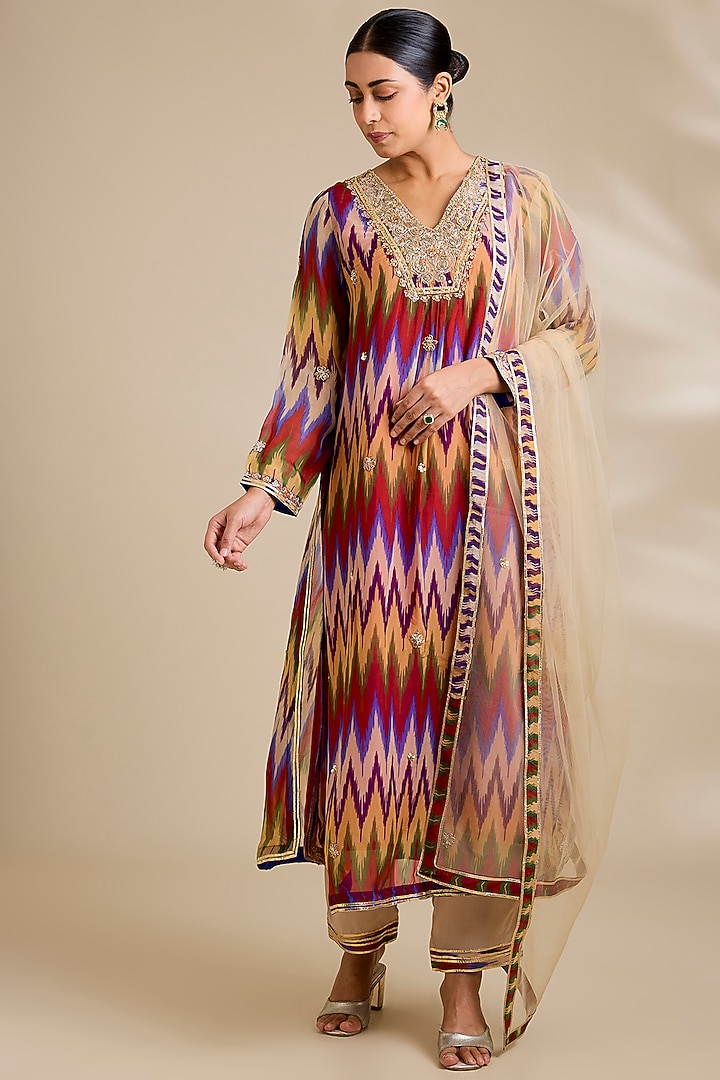 Multi-Colored Organza Ikat Printed & Dori Embroidered Kurta Set by Kisneel by Pam at Pernia's Pop Up Shop