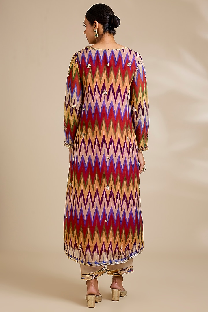 Multi-Colored Organza Ikat Printed & Dori Embroidered Kurta Set by Kisneel by Pam at Pernia's Pop Up Shop