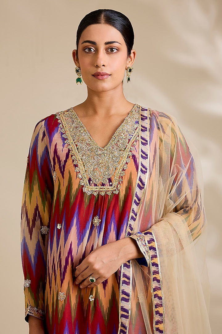 Multi-Colored Organza Ikat Printed & Dori Embroidered Kurta Set by Kisneel by Pam at Pernia's Pop Up Shop