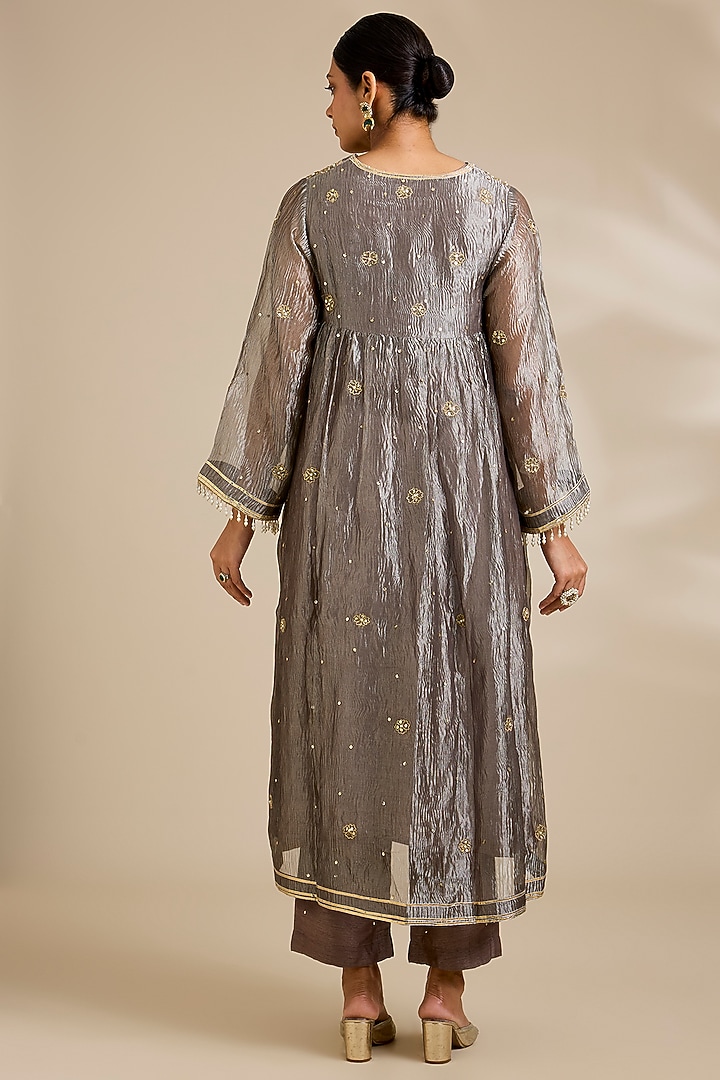 Charcoal Grey Tissue Pearl Kurta Set by Kisneel by Pam at Pernia's Pop Up Shop