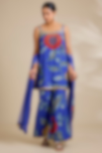 Blue Viscose Silk Aari Work Kurta Set by Kisneel by Pam at Pernia's Pop Up Shop