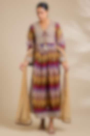 Multi-Colored Organza Ikat Printed & Dori Embroidered Kurta Set by Kisneel by Pam at Pernia's Pop Up Shop