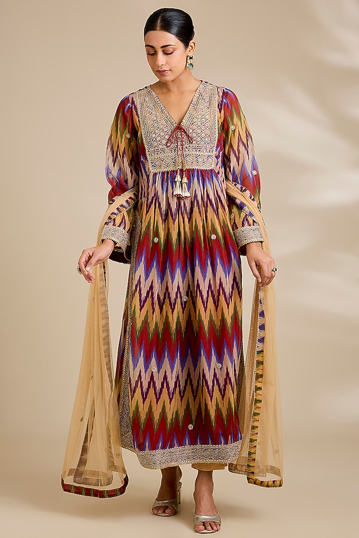 Multi-Colored Organza Ikat Printed & Dori Embroidered Kurta Set by Kisneel by Pam at Pernia's Pop Up Shop