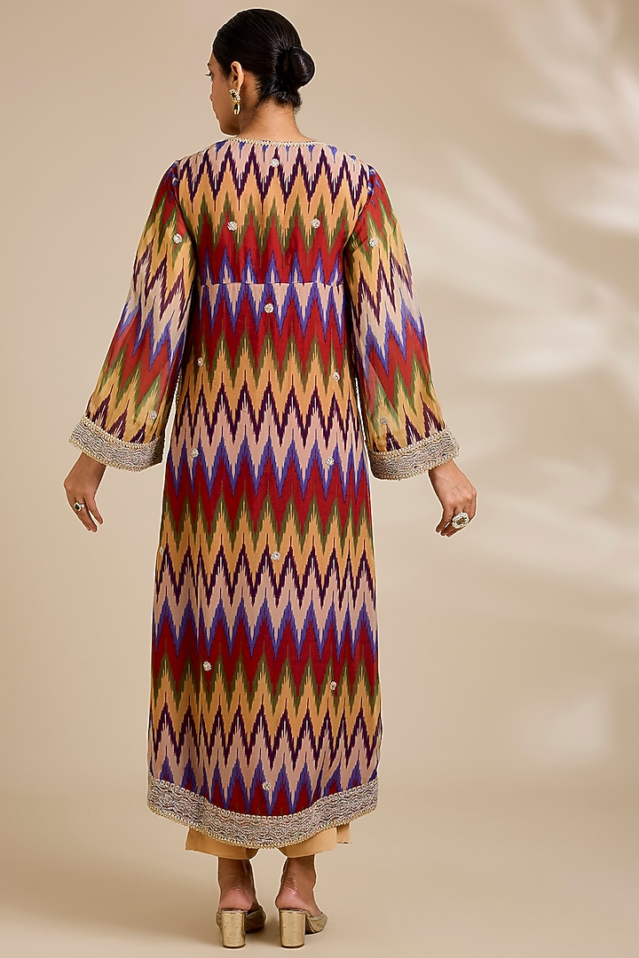Multi-Colored Organza Ikat Printed & Dori Embroidered Kurta Set by Kisneel by Pam at Pernia's Pop Up Shop