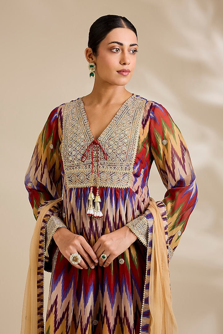 Multi-Colored Organza Ikat Printed & Dori Embroidered Kurta Set by Kisneel by Pam at Pernia's Pop Up Shop