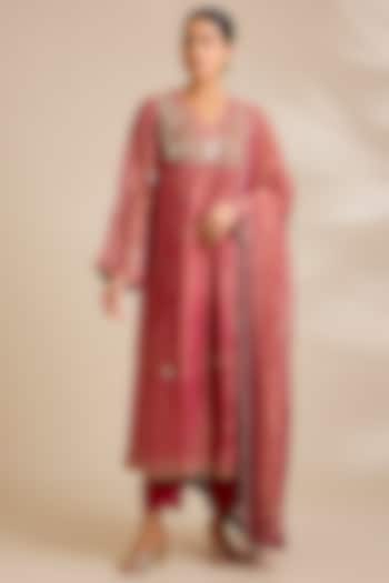 Hot Pink Tissue Pearl Embroidered Wedding Anarkali Set by Kisneel by Pam at Pernia's Pop Up Shop