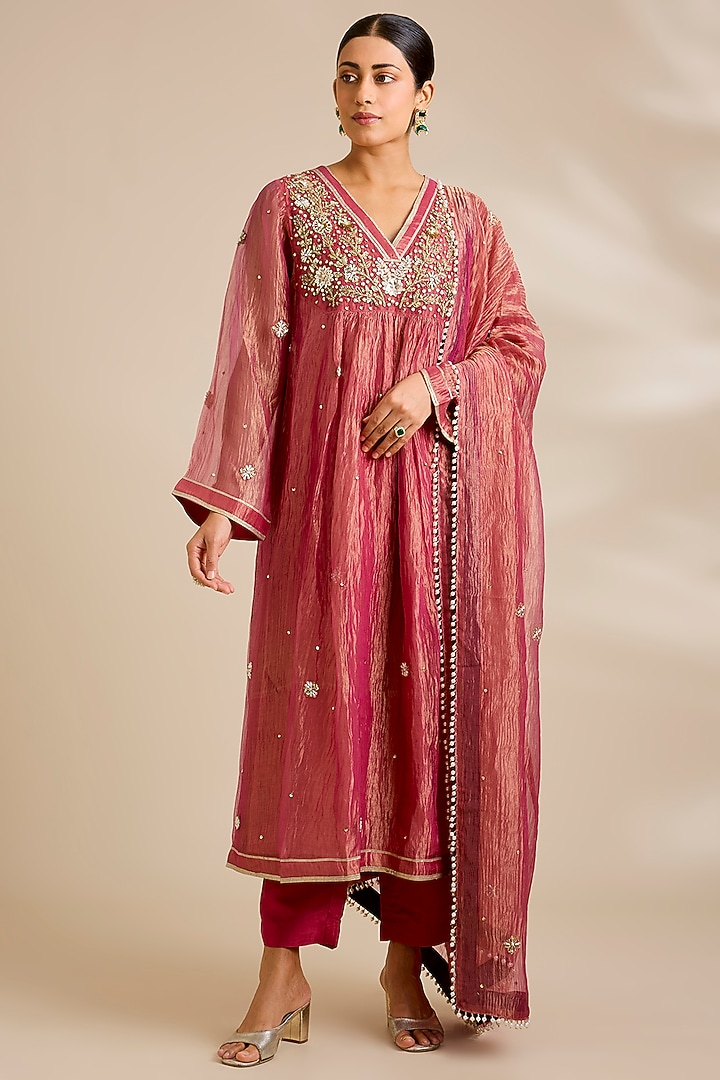 Hot Pink Tissue Pearl Embroidered Wedding Anarkali Set by Kisneel by Pam at Pernia's Pop Up Shop