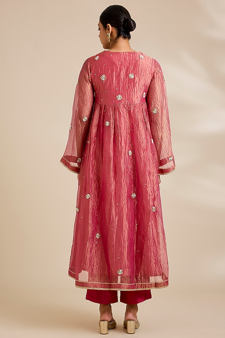 Hot Pink Tissue Pearl Embroidered Wedding Anarkali Set by Kisneel by Pam at Pernia's Pop Up Shop
