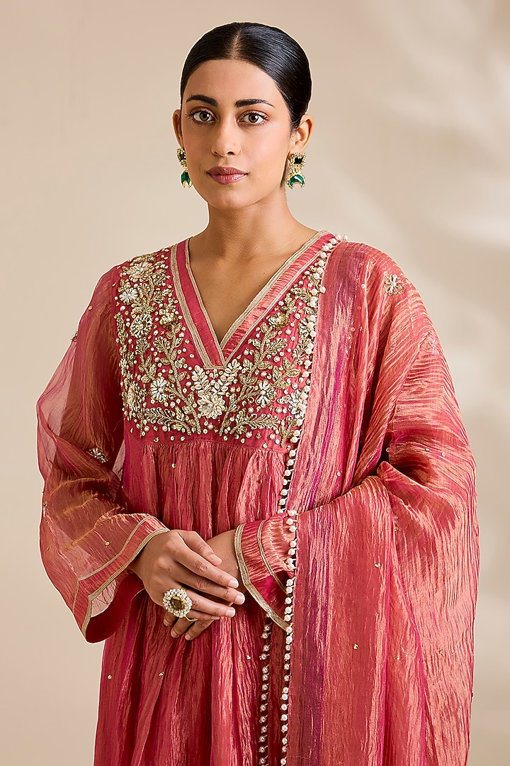 Hot Pink Tissue Pearl Embroidered Wedding Anarkali Set by Kisneel by Pam at Pernia's Pop Up Shop