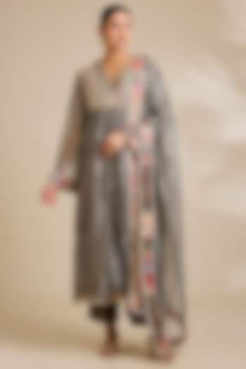 Charcoal Grey Tissue Wedding Anarkali Set by Kisneel by Pam at Pernia's Pop Up Shop