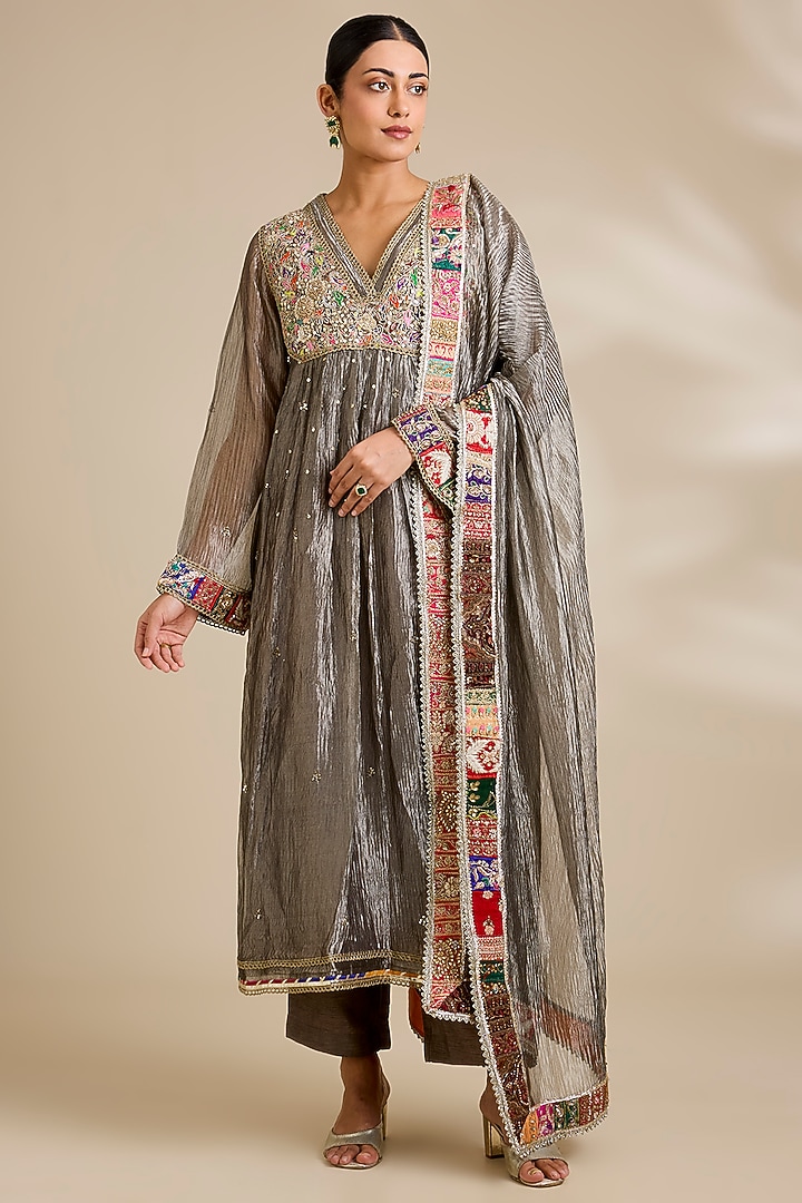 Charcoal Grey Tissue Wedding Anarkali Set by Kisneel by Pam at Pernia's Pop Up Shop