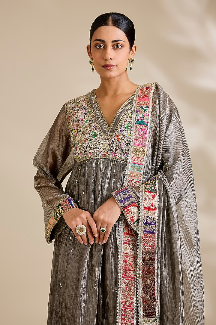 Charcoal Grey Tissue Wedding Anarkali Set by Kisneel by Pam at Pernia's Pop Up Shop