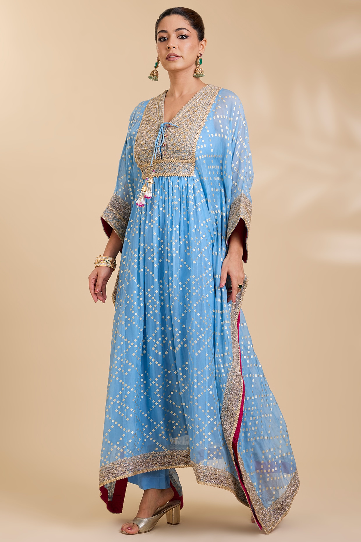 Kisneel by Pam Blue Organza Shibori Kaftan Set