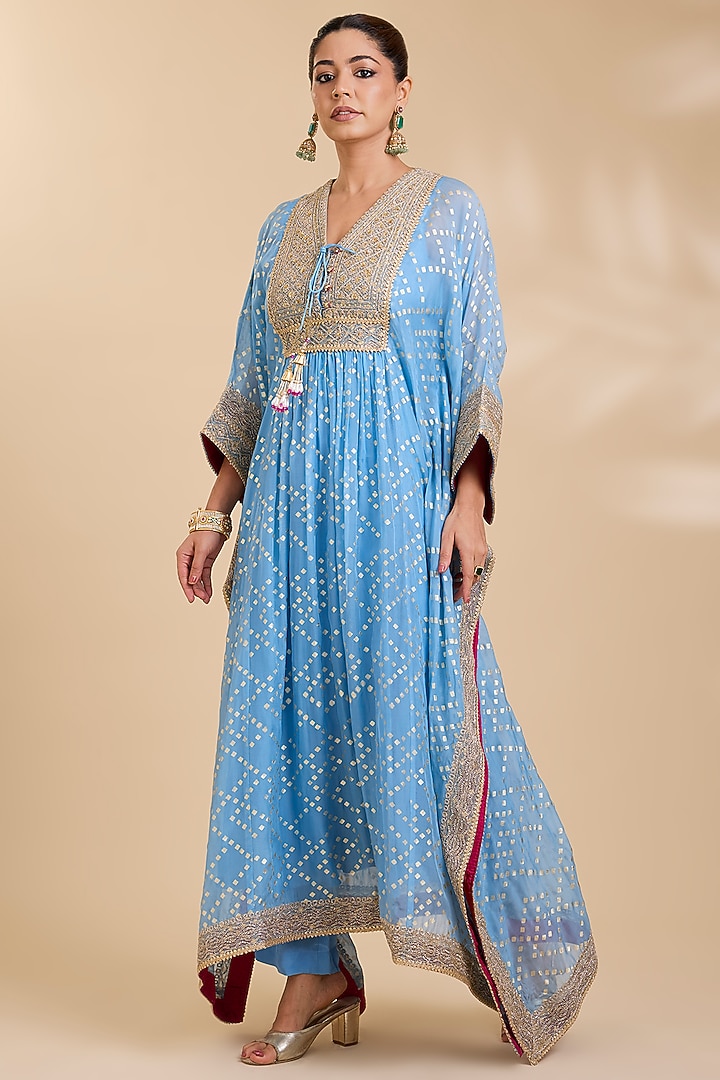 Blue Organza Shibori Kaftan Set by Kisneel by Pam at Pernia's Pop Up Shop
