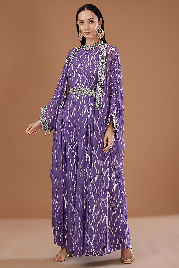 Purple Lurex Georgette Sequins Embroidered & Handwoven Printed Banarasi Jumpsuit With Cape by Kisneel by Pam at Pernia's Pop Up Shop