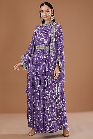 Purple Lurex Georgette Sequins Embroidered & Handwoven Printed Banarasi Jumpsuit With Cape by Kisneel by Pam