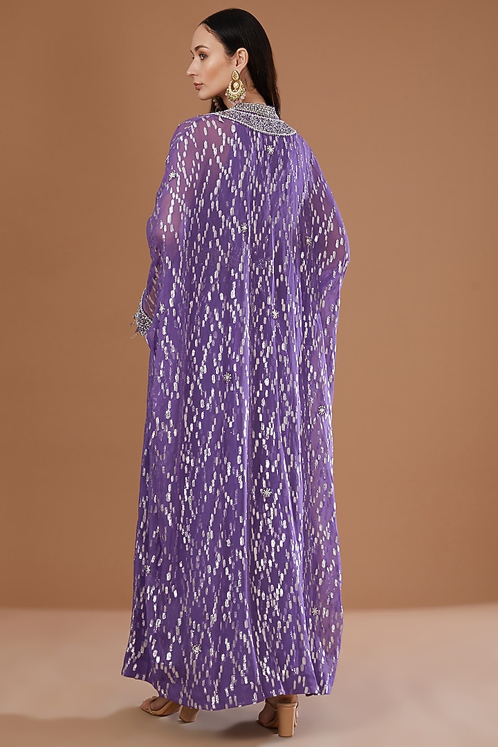Purple Lurex Georgette Sequins Embroidered & Handwoven Printed Banarasi Jumpsuit With Cape by Kisneel by Pam at Pernia's Pop Up Shop