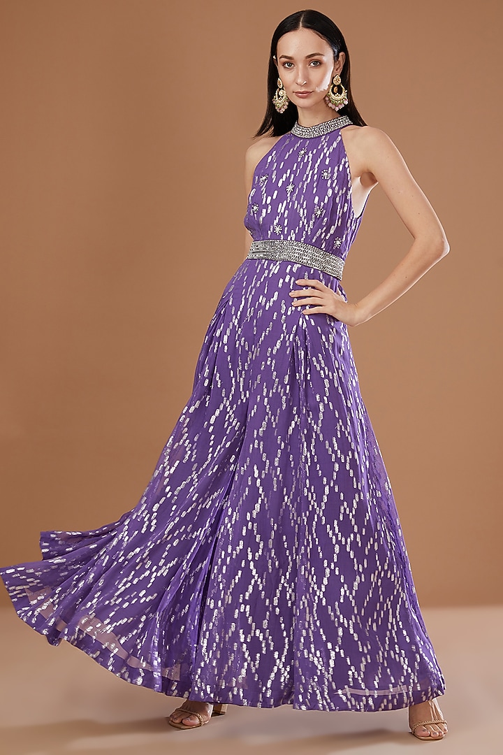 Purple Lurex Georgette Sequins Embroidered & Handwoven Printed Banarasi Jumpsuit With Cape by Kisneel by Pam at Pernia's Pop Up Shop