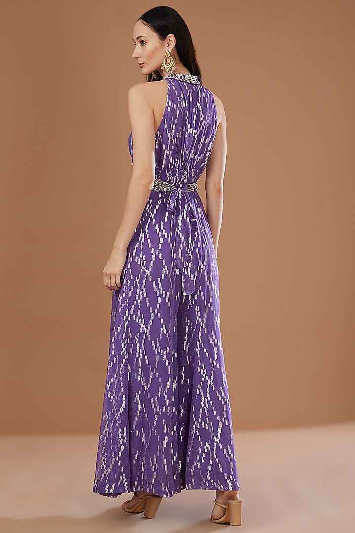 Purple Lurex Georgette Sequins Embroidered & Handwoven Printed Banarasi Jumpsuit With Cape by Kisneel by Pam at Pernia's Pop Up Shop