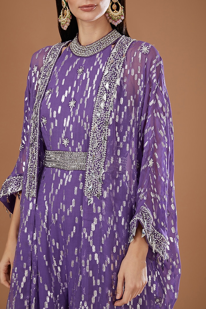 Purple Lurex Georgette Sequins Embroidered & Handwoven Printed Banarasi Jumpsuit With Cape by Kisneel by Pam at Pernia's Pop Up Shop