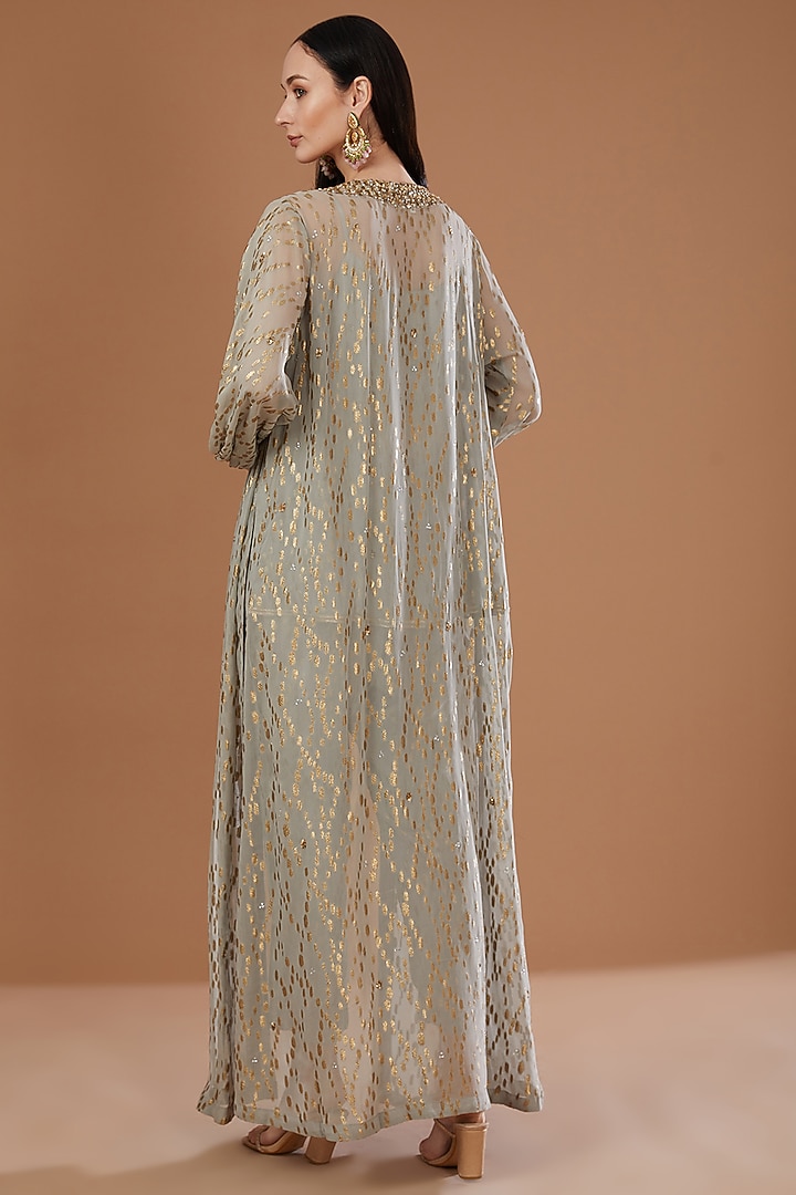 Grey Lurex Georgette Sequins Embroidered & Handwoven Printed Banarasi Cape Set by Kisneel by Pam at Pernia's Pop Up Shop
