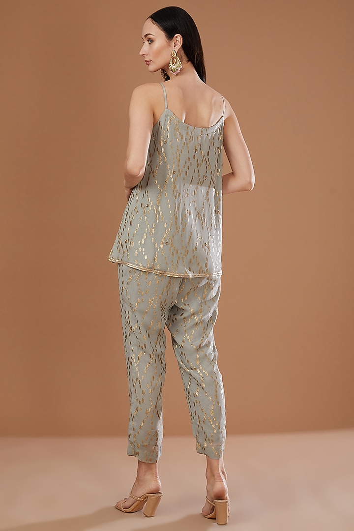 Grey Lurex Georgette Sequins Embroidered & Handwoven Printed Banarasi Cape Set by Kisneel by Pam at Pernia's Pop Up Shop