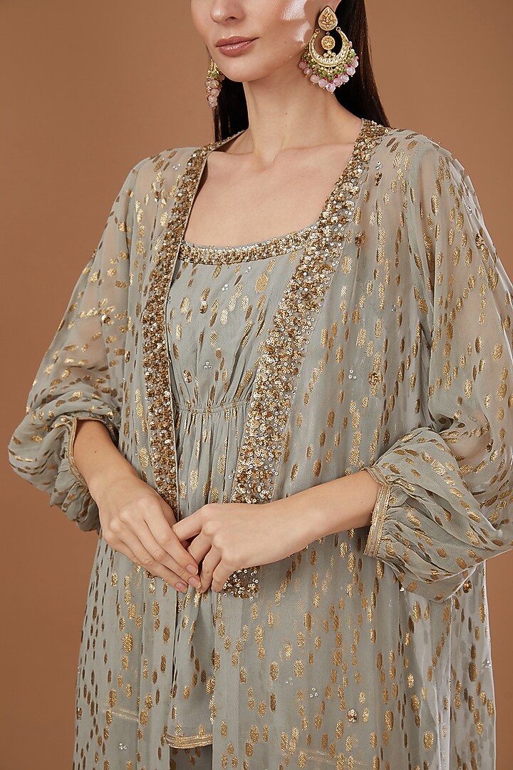 Grey Lurex Georgette Sequins Embroidered & Handwoven Printed Banarasi Cape Set by Kisneel by Pam at Pernia's Pop Up Shop