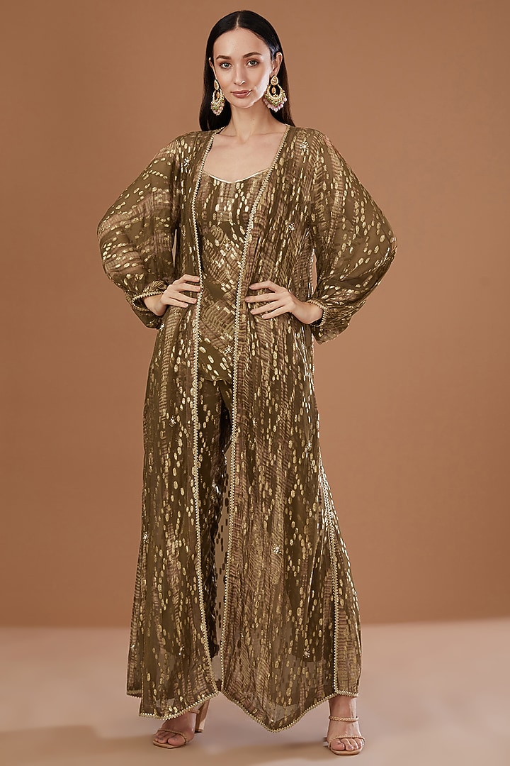 Olive Green Lurex Georgette Sequins Embroidered & Tie-Dyed Banarasi Cape Set by Kisneel by Pam at Pernia's Pop Up Shop