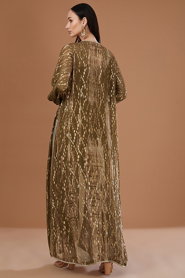 Olive Green Lurex Georgette Sequins Embroidered & Tie-Dyed Banarasi Cape Set by Kisneel by Pam at Pernia's Pop Up Shop