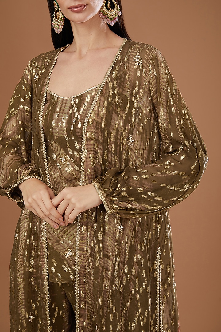 Olive Green Lurex Georgette Sequins Embroidered & Tie-Dyed Banarasi Cape Set by Kisneel by Pam at Pernia's Pop Up Shop