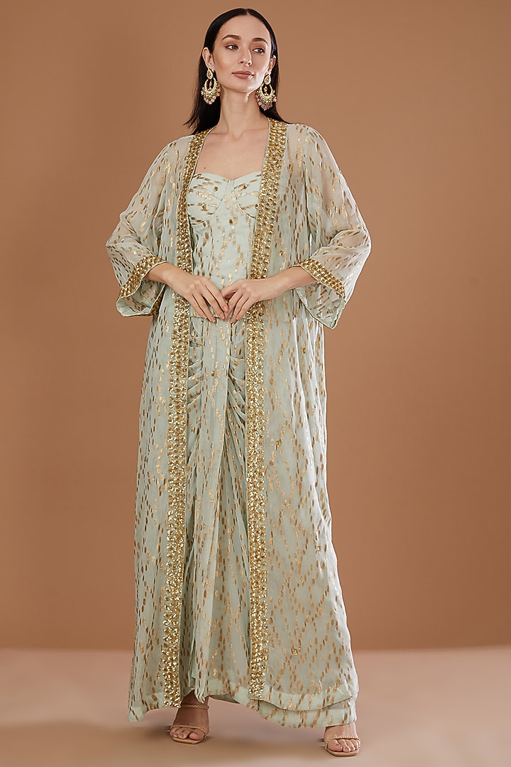 Mint Green Lurex Georgette Sequins Embroidered & Handwoven Printed Banarasi Cape Set by Kisneel by Pam at Pernia's Pop Up Shop