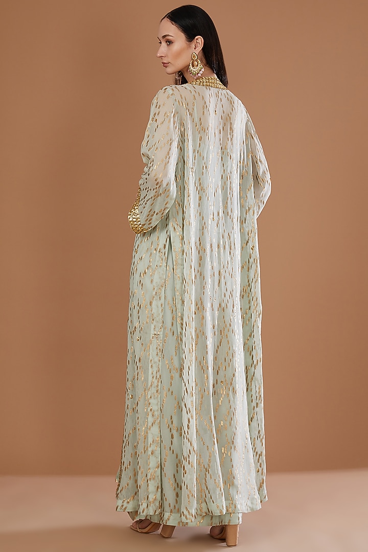 Mint Green Lurex Georgette Sequins Embroidered & Handwoven Printed Banarasi Cape Set by Kisneel by Pam at Pernia's Pop Up Shop